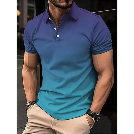 Men's 3D Fashion Gradient Polo Shirt, Lapel Golf Shirt, Short Sleeved Printed Button Up Clothing