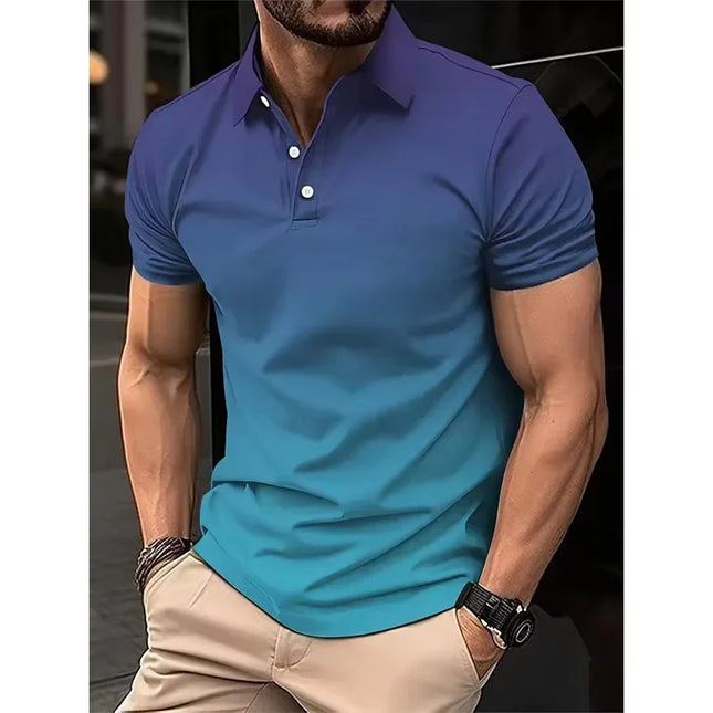 Men's 3D Fashion Gradient Polo Shirt, Lapel Golf Shirt, Short Sleeved Printed Button Up Clothing