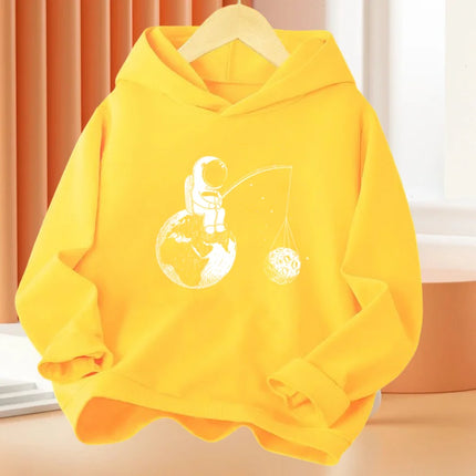 Boys 3-14Year Cartoon Space Astronaut Fishing The Moon Long Sleeve Hoodie Children Funny Tops Kids Cotton Basic Coat
