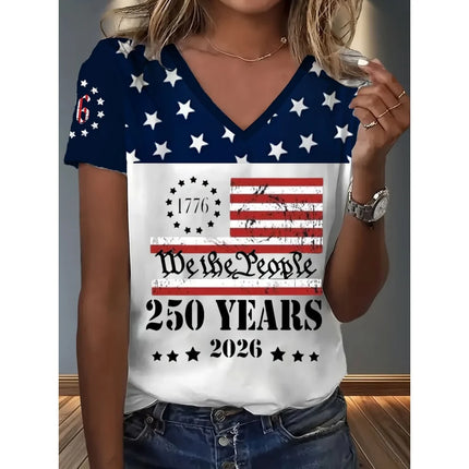 Women's T-Shirtamerican 250 Years USA 250th Anniversary Print Summer Women's Clothing Short Sleeve Shirt V-Neck Fashion Blouse