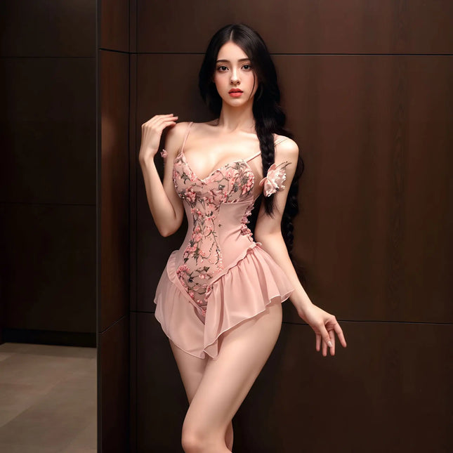 Elegant Lace Bodysuit Pure Desire Flower Vine Embroidery Open-Crotch Sensual Uniform Temptation Ballet Sleepwear for Women