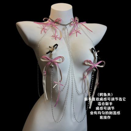 New Pink Tassel Bow Nipple Clips Bell Body Chains Erotic Accessories Detachable One-Piece Necklace Fetish Adult Sex Toys Breast