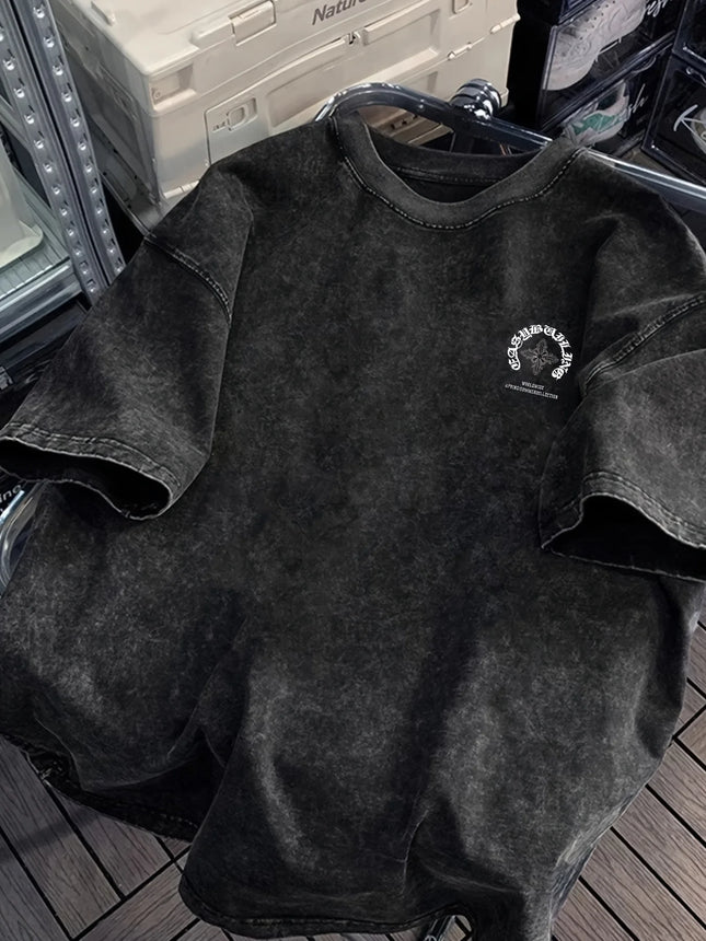 Men's Summer 100% Cotton Washed Black T Shirt  Funny Pattern Print Comfortable Soft Breathable Suitable Daily Wear Layering