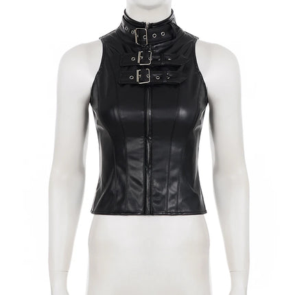 SUCHCUTE Retro Punk PU Leather Vest With Sleeve Cover Women Gothic Black Sleeveless Turtleneck Top Y2K Metal Decorative Clothing