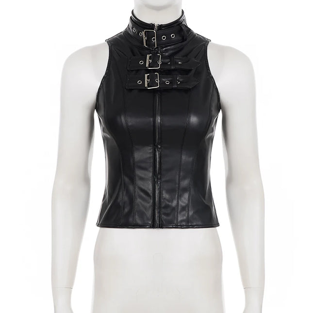 SUCHCUTE Retro Punk Pu Leather Vest With Sleeve Cover Women Gothic Black Sleeveless Turtleneck Top Y2k Metal Decorative Clothing