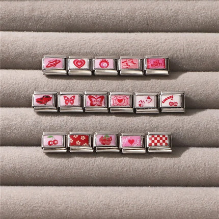 Wholesale Sweet Pink Series Stars Heart Flowers Butterfly Italian Link Fit 9mm Stainless Steel Bracelet Making DIY Charm Jewelry