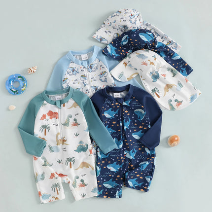 MISOWMNJOY Summer Baby Long Sleeve Swimwear Fashion Toddler Boys Rash Guard Swimsuit Dinosaur Print Zip Beachwar with Swim Cap