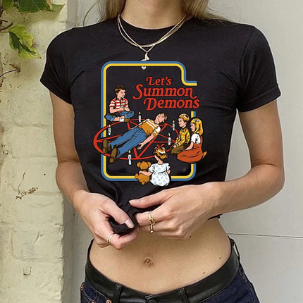 Crop Top Gothic Horror Y2k Aesthetic 90s Satan T Shirt Women Satanism Evil Demon Grim Death Tshirt Female Cropped T-shirt