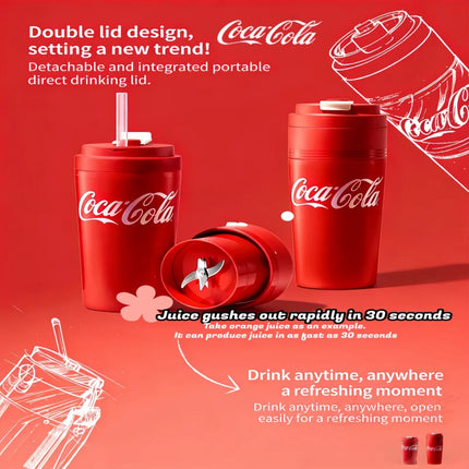 Coca-Cola 2-in-1 Portable Juicer Cup & Thermos 600ml Wireless USB Rechargeable 3000mAh 6-Blade Blender