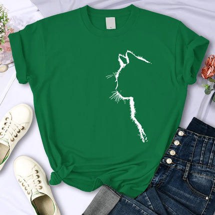 Simple Strokes Of Cat Funny Printed Women T-Shirt Fashion Casual Short Sleeve O-Neck Personality Street Tee Clothing Summer Tops