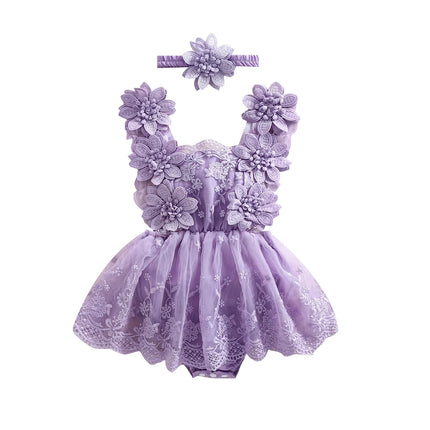 0-24 Months Baby Girl Romper Dress Outfit Flower Embroidery Tie-Up Mesh Bodysuits Bow Headband 2 Piece Summer Set