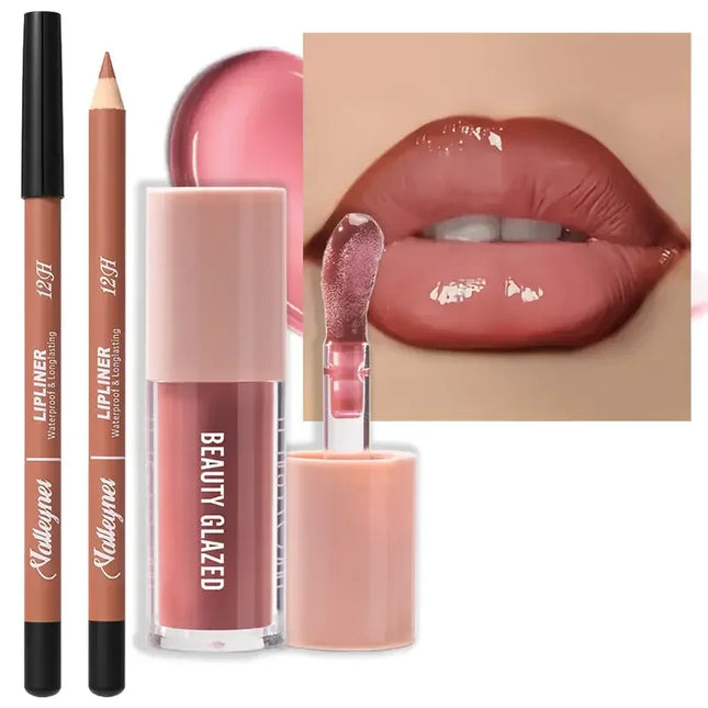 Waterproof 2Pcs Long-Lasting Matte Lip Makeup Set - Lip Liner & Glaze Combo with Pencil Texture, Red, Brown, Pink, Nude Tones