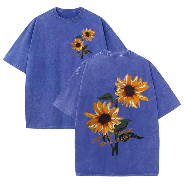 Lift Is Good Beautiful Sunflower Print Washed T-Shirts Women Soft Cotton T-Shirt Street Creative Short Sleeve Summer Casual Tops