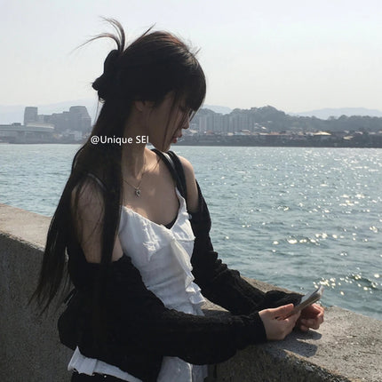 Unique SEI Korean Style Summer Irregular Lace Trim Splice Slimming Strap Top Rivet Denim Shorts Women's Commute Straight Leg Fit