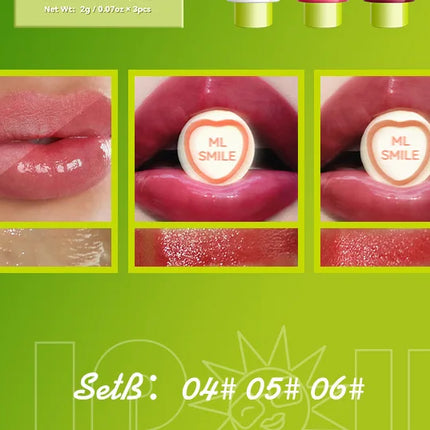 MLSMILE 3pcs/set Press Lipstick Solid Lip Gloss Long-lasting Easy Color Moisturizing Lip Gloss Pearl Mirror Lip Gloss