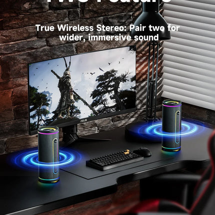 MLOVE Portable Bluetooth Speaker – Powerful Dual Sound, Colorful RGB Lighting, Fully Waterproof (IPX7), TWS Enabled