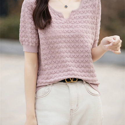 Women's T-shirt Summer New 100% Pure Cotton Tees Casual Solid Knitted Short sleeved V-neck Pullover Loose Tops Fashion Sweater