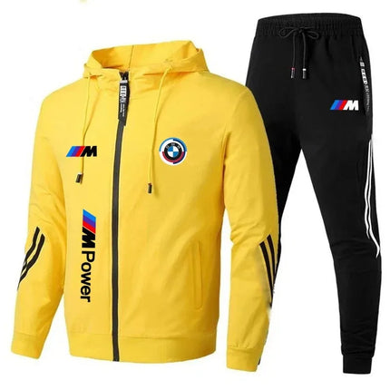 2026 BMW Men's Autumn and Winter Brand Fashion Set - Two-piece with hood and zipper long-sleeved cycling jacket, featuring a dra
