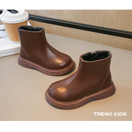 Children Fashion Boots Simple Girls Ankle Boot Black Kids Short Leather Boots Side Zipper Thick Bottom Autumn Winter 2024 New
