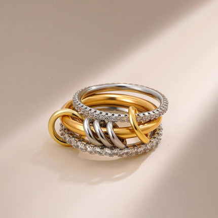 New Stainless Steel Cubic Zirconia Stackable Rings for Women 18k GoldPlating Multi-Link Connected Statement Ring Stack Jewelry