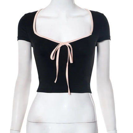 Y2K Summer Crop Top Bow Baby Tees Women's Clothes Chic Cute Low Cut Short Sleeve T-Shirts Black