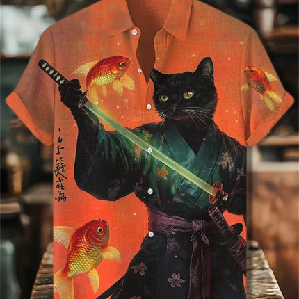 Men's Volcano Animal Pattern Linen Shirt Summer Fashion Short Sleeve Button Collar Shirt Hawaii Casual Shirt Top