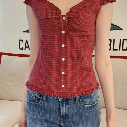 Brandy Girl Spicy Girl Pleated Bubble Sleeve T-shirt Pure Desire Slim Fit Women's Tianna Top Cotton Short Sleeve V-neck
