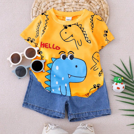 Summer 2-Piece Set New Casual Outdoor Comfort Breathable Cute Dinosaur Print Round Neck Short-Sleeved Denim Shorts Fashion Suit