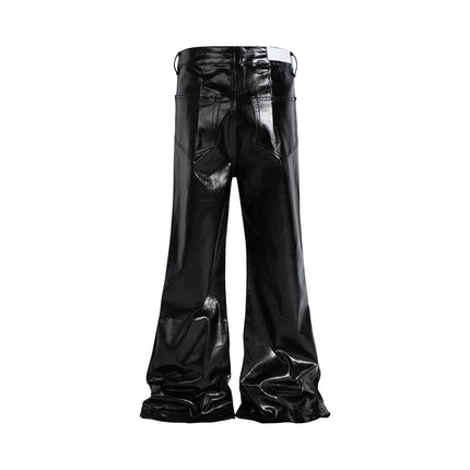 High Street Wide Leg Glossy Pu Leather Pants Sashes Boot Cut Men and Wome Straight Baggy Casual Jeans Oversized Flared Trousers
