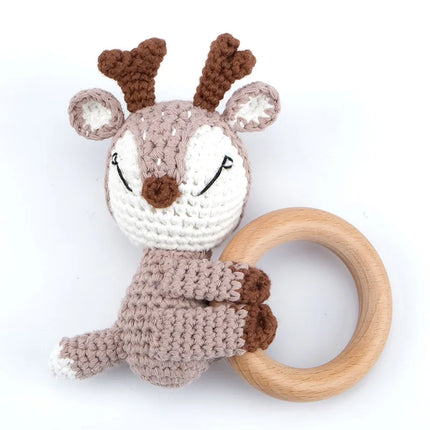 Amigurumi Cartoon Animal Baby Rattle Cute Wooden Ring Handhold Newborn Rattle Toys Handmade Pacifier Clips Kids Educational Toys