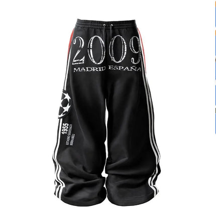 Casual American Street Retro Print Side Stripes Spliced Letter Hip-hop Plush Loose Sweatpants Drawstring Sports Vintage Pants