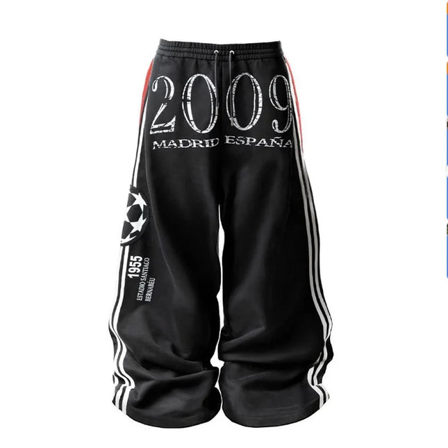 Casual American Street Retro Print Side Stripes Spliced Letter Hip-hop Plush Loose Sweatpants Drawstring Sports Vintage Pants