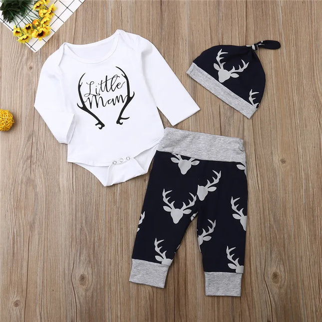 0-24months Baby Boys 3pcs Clothing Set Letter Pattern Deer head Romper And Print Pants And Hat Xmas Outfits For Infant Boys
