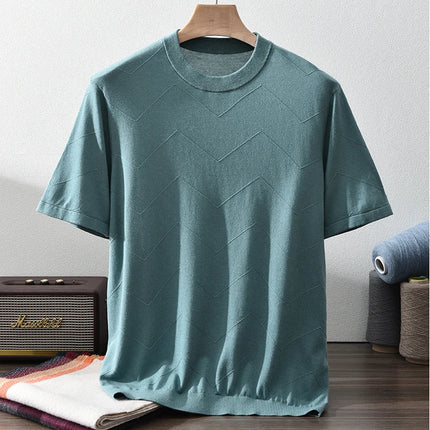 85% Silk + 15% Cashmere Men's T-shirt Casual Solid Color Knitted Pullover Short-Sleeved Round Neck Tees Basic Tops