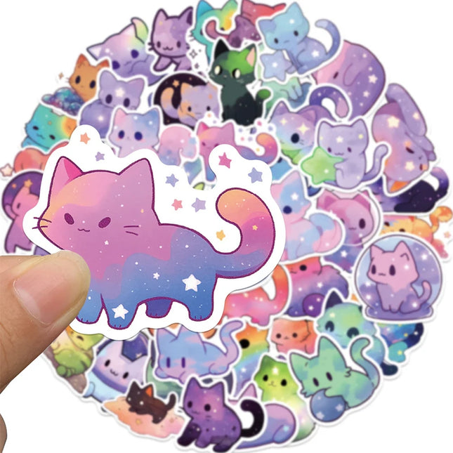 50PCS Cartoon Rainbow Starry Sky Cat Stickers Kawaii Space Cat Stickers, Galaxy Cat Stickers Aesthetic Cat Waterproof Stickers