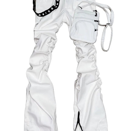 Mauroicardi Spring Autumn Cool Handsome Fitted Long White Pu Leather Ruched Pants for Men Luxury Designer Alternative Clothes