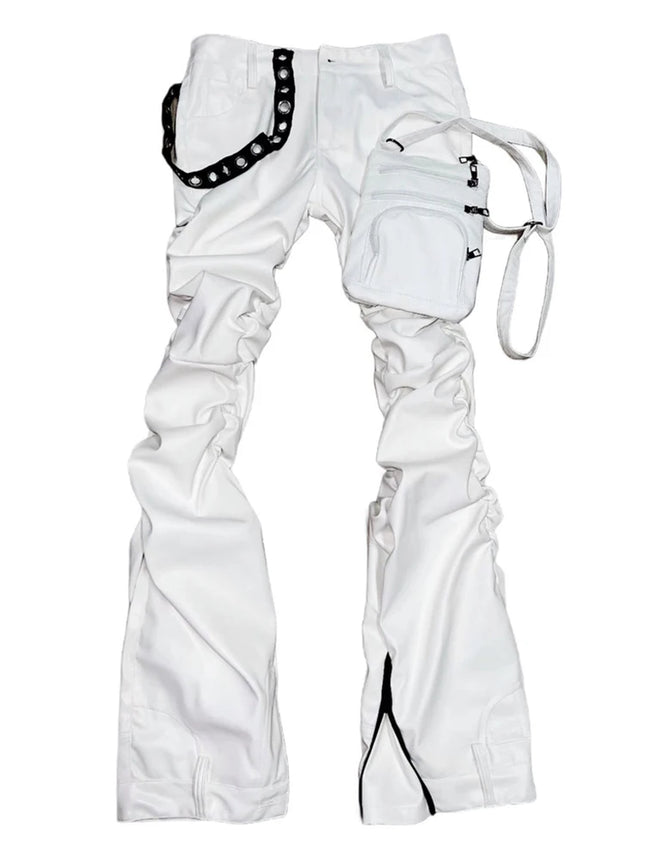 Mauroicardi Spring Autumn Cool Handsome Fitted Long White Pu Leather Ruched Pants for Men Luxury Designer Alternative Clothes