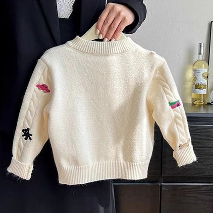3 4 5 6 8 10 Years Girls Sweaters Spring Autumn New Cartoon Print Single Breasted Knit Cardigan ForTeen Kids Sweet Knitwear Coat