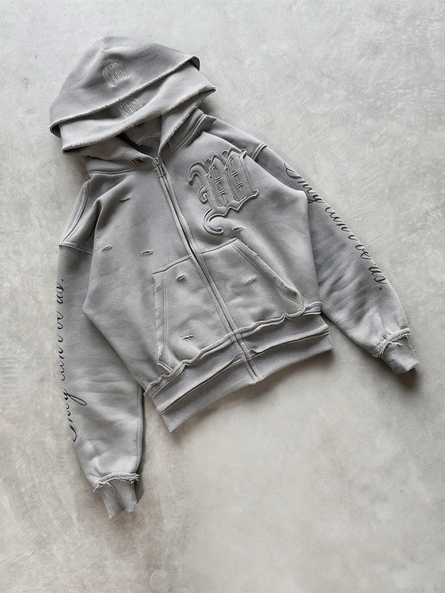 Trendy Creative Applique Letter Print Double Hat Design Women's Clothing Zippered Hoodie Loose Casual y2k hoodie girlfriend