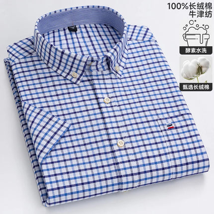New 100% Cotton Oxford Men's Shirts Short Sleeve Plaid Soft Regular Fit Formal Dress Shirt Social Blouse Male Clothes 6XL 7XL