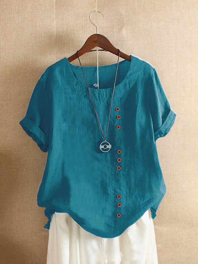 Vintage Harajuku Button T Shirt Casual Summer Short Sleeve Cotton Linen Solid Loose Blouse Elegant Oversize Tee Shirt Streetwear