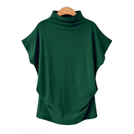 Ladies' New Trendy Fashion Solid Color Soft Turtleneck Top High-End Basic Daily Commute Thin Short Sleeve Pleated Clothing