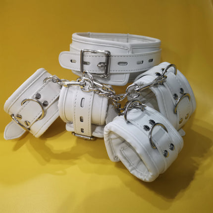 PU Leather Soft Padded White Handcuffs Ankle Cuffs Wrist Bondage Restraints Neck Collar BDSM Bondage Slave Erotic Adult Sex Toys