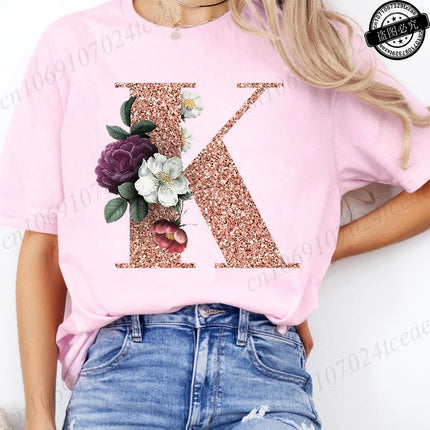 T Shirt for Women Clothing Summer Short Sleeve Tee shirts Rose Gold Letter A~Z Printed Graphic Tops Female T-Shirts Clothing