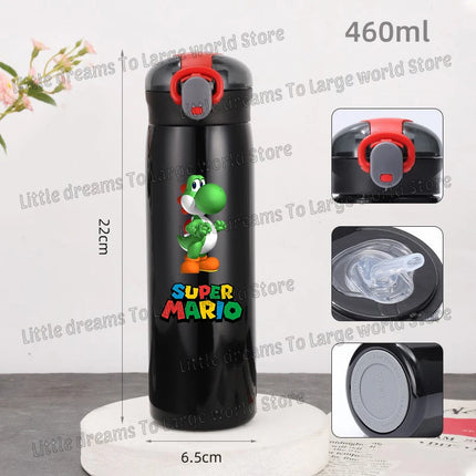 Super Marios Bros 460ml Thermal Cup Men Women Anime Black Straw Bottle Bouncing Lid Portable 304 Stainless Steel Thermo Bottles