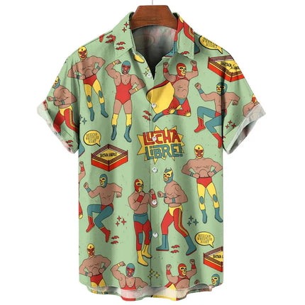 New Retro Men's Shirt 3d Mexican Wrestling Print Short Sleeve Shirt Fashion Man Clothing Loose Oversized Hawaiian Shirts for Men