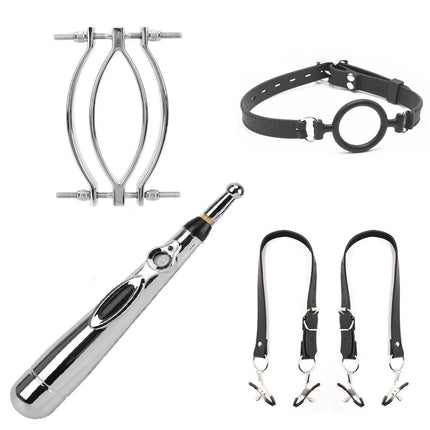 Electric Shock Vagina Pen Labia Clips Nipple Clamp Bdsm Bondage Clit Stimulator Set Restraint Strap Mouth Gag Vibrator Sex Toys