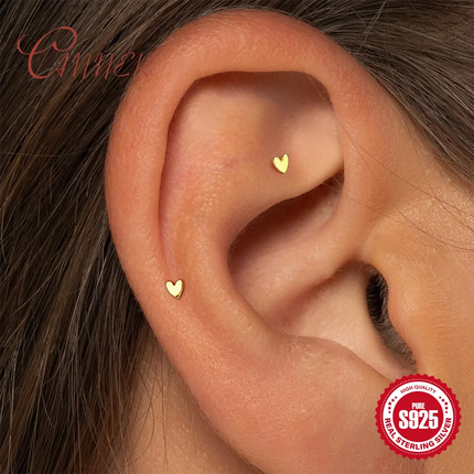 CANNER 925 Sterling Silver Shiny Heart-shape For Women INS Mini Cute Dainty Flat Head Piercing Earring Birthday Party Gifts