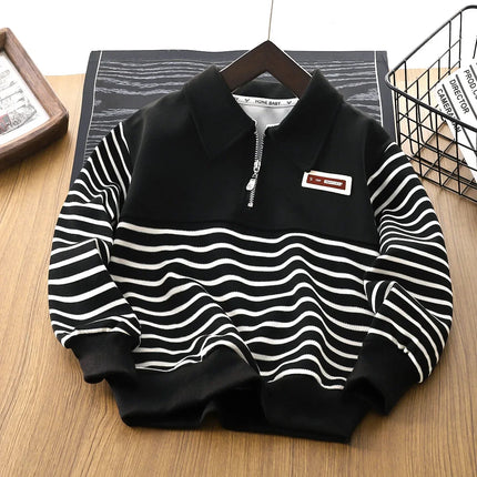 Children's Sweatshirt Spring Autumn Kids Boys' Half-zipper Sweatshirt Striped Lapel Middle and Big Children's Round Neck Tops