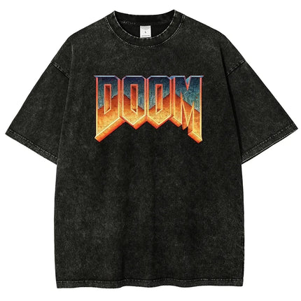 Classic Retro Shooting Game DOOM Peripherals Graphic Print T-shirt Men Women Vintage Washed Cotton Tee Oversized Casual New Tops